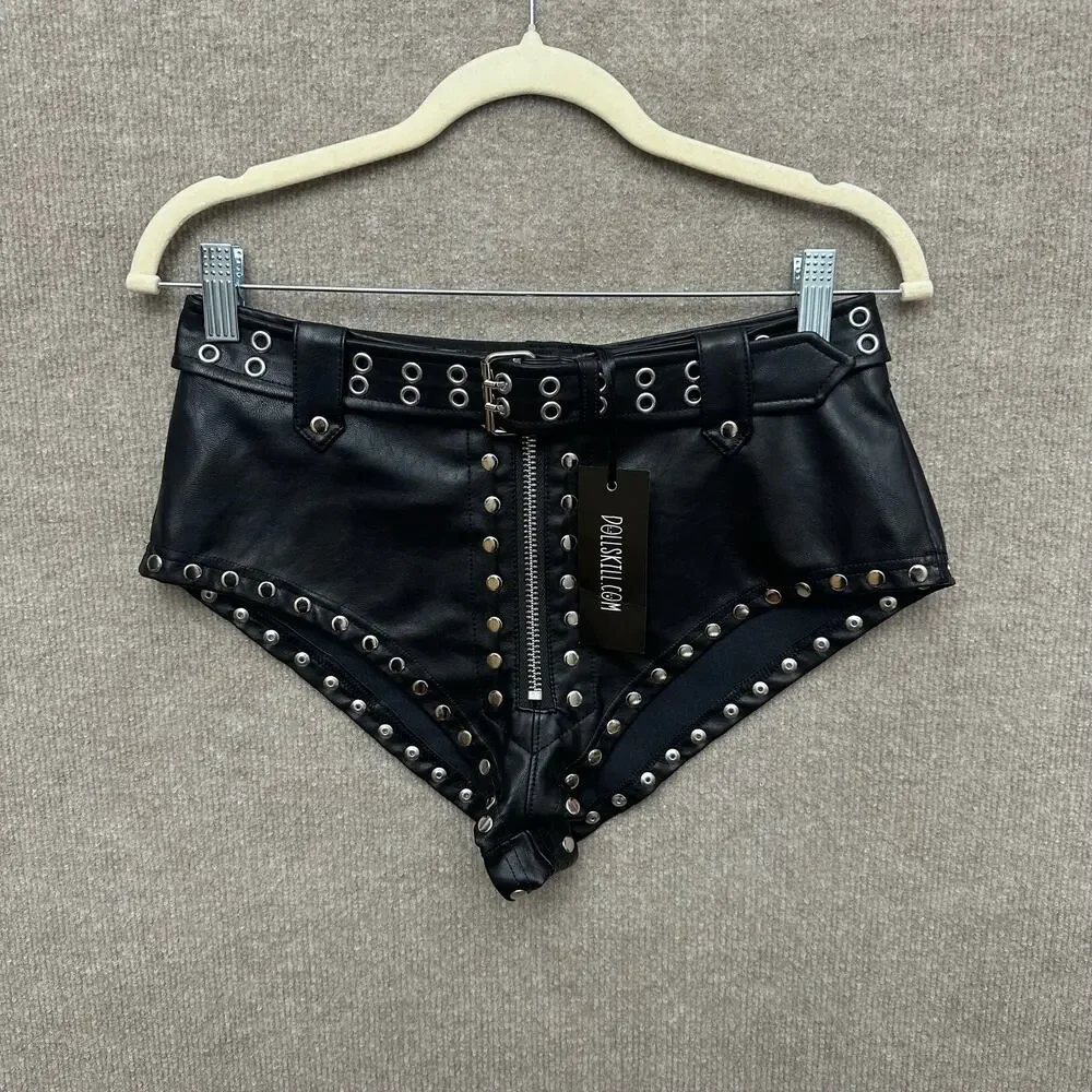 Dolls Kill Clubwear Rave Studded Belted Faux Leather Micro Shorts Size Small NWT